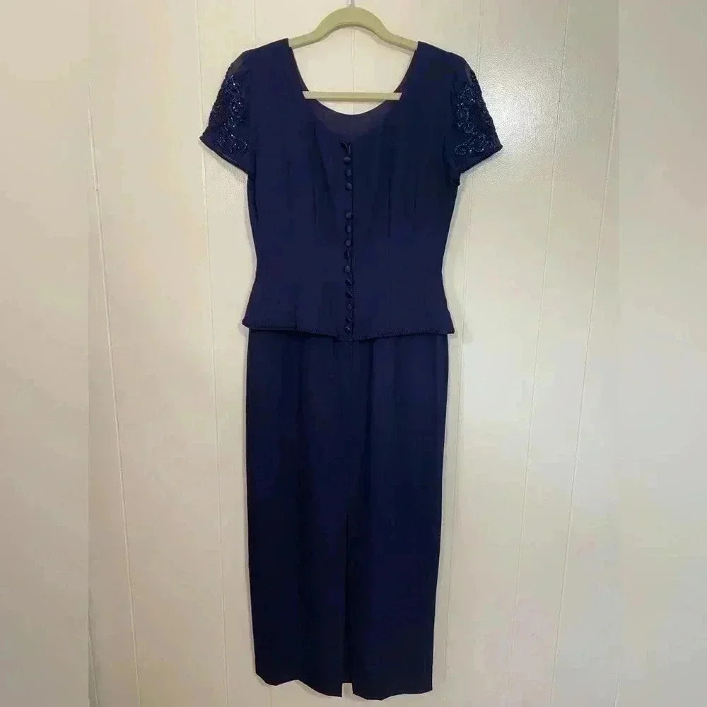 Donna Morgan Navy Blue Formal Embellished Short Sleeve Long Gown Dress Size 4.